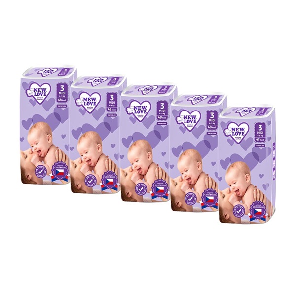 MEGAPACK Dětské jednorázové pleny New Love Premium comfort 3 MIDI 4-9 kg 5x48 ks