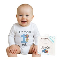 Body s potiskem New Baby Už mám 1 rok modré - dárkové balení