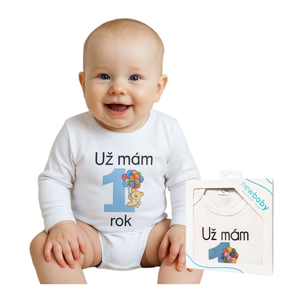 Body s potiskem New Baby Už mám 1 rok modré - dárkové balení