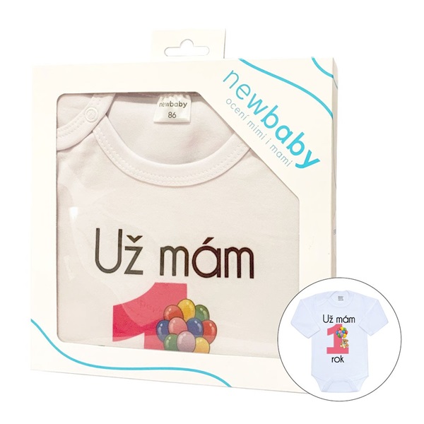 Body s potiskem New Baby Už mám 1 rok růžové - dárkové balení