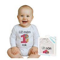 Body s potiskem New Baby Už mám 1 rok růžové - dárkové balení