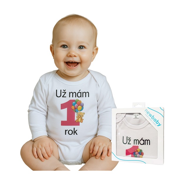 Body s potiskem New Baby Už mám 1 rok růžové - dárkové balení