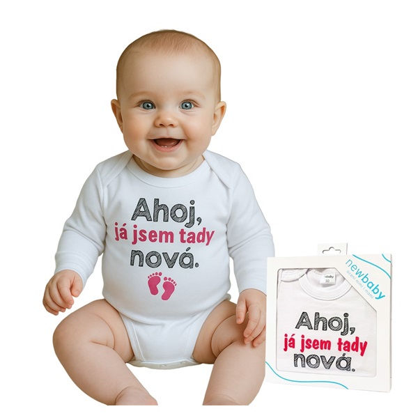 Body s potiskem New Baby Ahoj, já jsem tady nová - dárkové balení