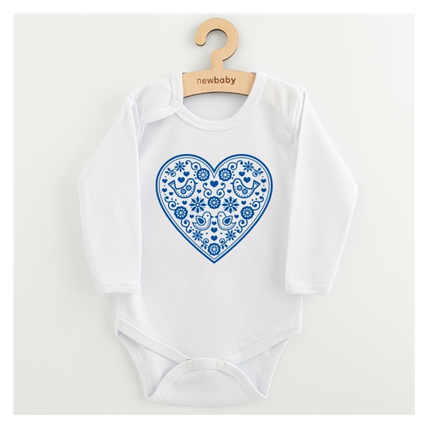 Dětské body s potiskem New Baby Lidový vzor modré srdíčko